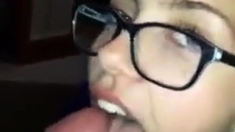 Girl With Glasses Gives Blowjob But Wasn't Ready For Cim